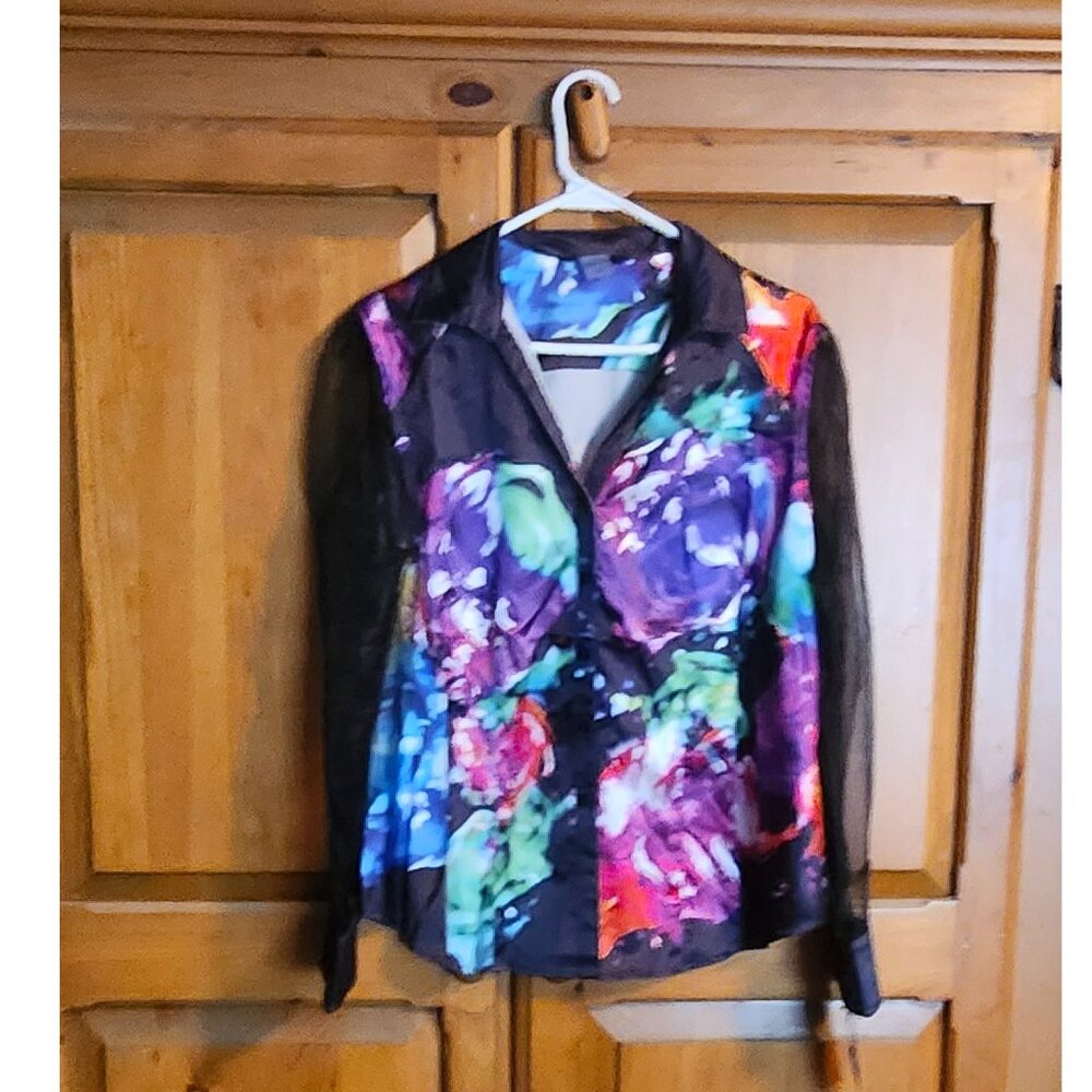 NEW Bianca Nygard Water Colored Blouse Sheer Black Sleeves Petite Size 6P - Picture 2 of 7